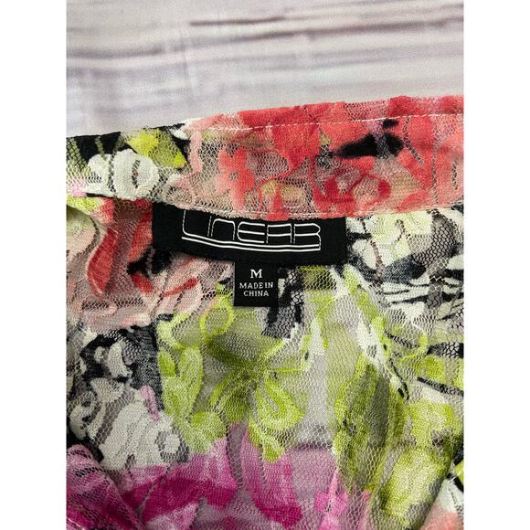 Linear Button Front Lace Shirt Womens M Floral Tie Front Roll Tab Nylon Stretch - Picture 2 of 15